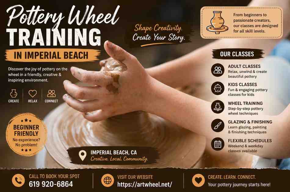 Pottery Wheel Training in Imperial Beach, hands-on classes for adults and kids. wheel throwing, glazing, ceramic techniques in a creative